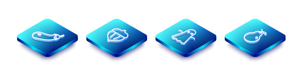 设置等距线茄子，橡子，幽灵和梨图标。向量图片下载