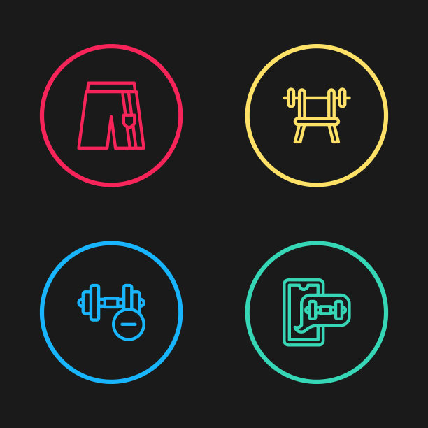 设置线哑铃，健身应用程序，与杠铃和短或裤子图标长凳。向量图片下载