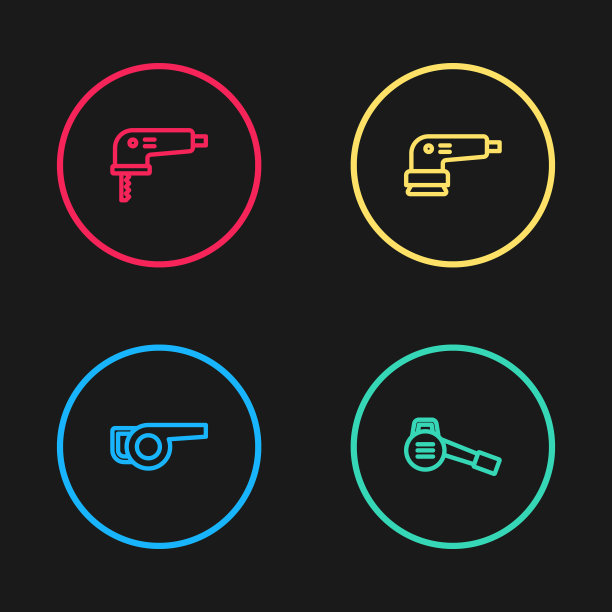 设置线叶花园风机，电动砂光机和拼图图标。向量图片下载