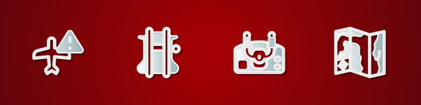 设置警告飞机，降落伞，飞机舵机和世界旅行地图图标。向量图片下载