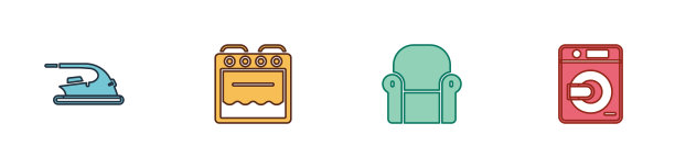 设置电熨斗，烤箱，扶手椅和洗衣机图标。向量图片下载