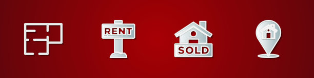 设置房屋计划，悬挂标志与租金，文字出售和位置的房子图标。向量图片下载
