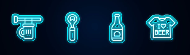 设置有啤酒瓶，开瓶器，啤酒瓶和t恤的线招牌。发光的霓虹灯图标。向量图片下载