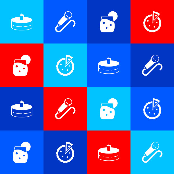 用燃烧的蜡烛，麦克风，鸡尾酒和自制派图标设置蛋糕。向量图片下载