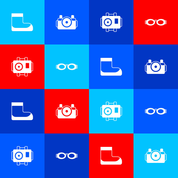 设置潜水靴，照片相机，和眼镜游泳图标。向量图片下载