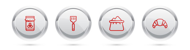 放一罐蜂蜜，抹刀，袋面粉和牛角包。银圈按钮。向量图片下载