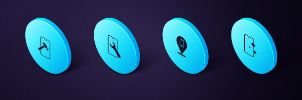 设置等距玻璃屏幕保护器，电话维修服务，手机和破碎图标。向量图片下载