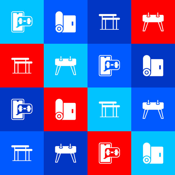 设置健身应用程序，垫子滚动，高低杠和鞍马图标。向量图片下载