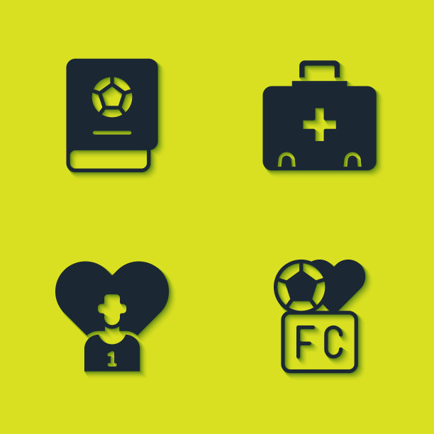 设置足球学习书，球迷俱乐部足球，或足球运动员和急救箱图标。向量图片下载