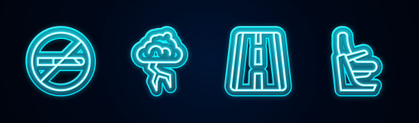 设置禁止吸烟，风暴，机场跑道和飞机座位。发光的霓虹灯图标。向量图片下载