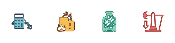 设置费用计算，着火的房子，玻璃钱罐硬币和下降原油价格图标。向量图片下载