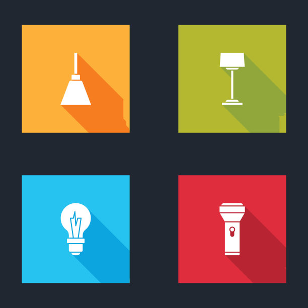 设置吊灯，落地灯，灯泡和手电筒图标。向量图片下载
