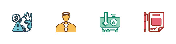 设置全球经济危机，工人，原油价格下跌和合同货币和笔图标。向量图片下载