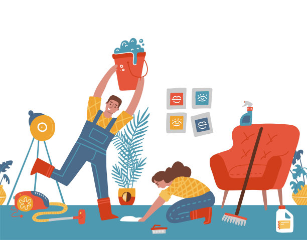 情侣一起做家务：家庭日常生活、清洁或家务劳动。人们清洗和吸尘地板。男女做家务的扁平矢量卡通插图。图片下载