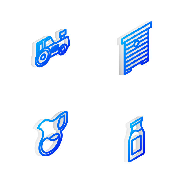 设置等距线蜂箱为蜜蜂，拖拉机，牛奶和瓶子的壶玻璃图标。向量图片下载