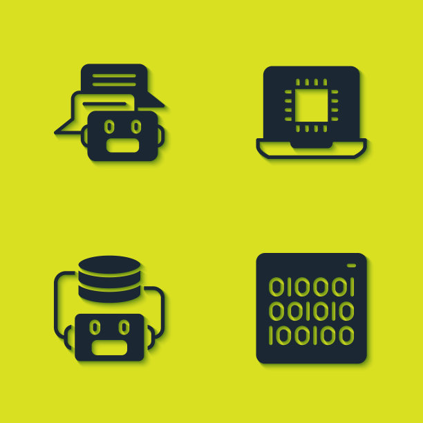 设置聊天机器人、二进制代码、人工智能机器人和处理器CPU图标。向量图片下载