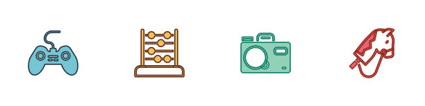 设置手柄，算盘，相机和玩具马图标。向量图片下载