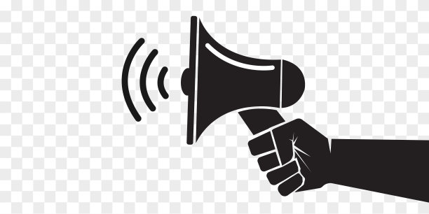 手拿着扩音器。推广基地图标。透明背景上的矢量插图。图片下载