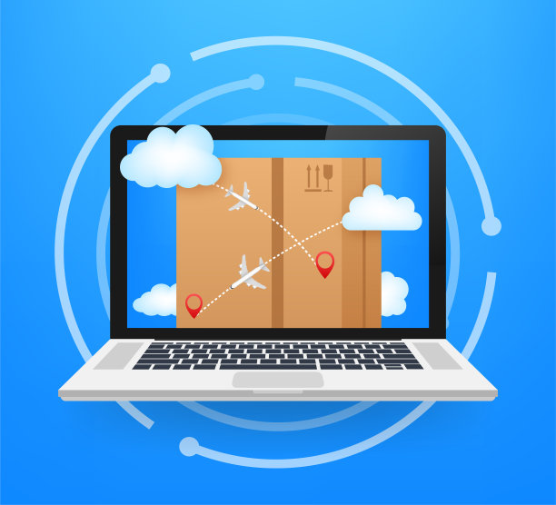 向量的概念。现代卡通插图与飞行交付在蓝色背景。图片下载