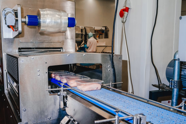 肉类加工厂。鸡柳生产线。现代化食品厂的自动化生产线。传送带上的食物。现代家禽加工厂。图片下载