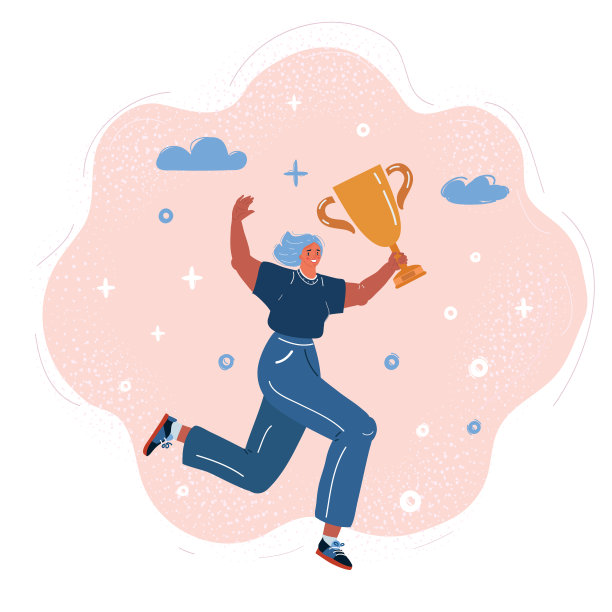 女人庆祝和在她的手与奖杯跳跃的矢量插图。快乐的女孩捧着奖杯，笑着庆祝胜利。图片下载