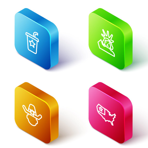 设置等距线纸玻璃吸管，自由女神像，警长牛仔和美国地图图标。向量图片下载