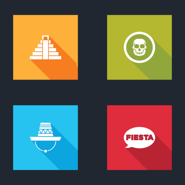 设置奇琴伊察在玛雅，墨西哥头骨硬币，墨西哥宽边帽和节日的图标。向量图片下载