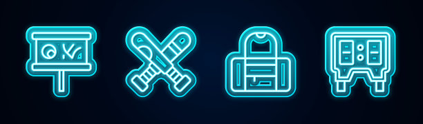 设定路线规划策略，交叉棒球棒，运动包和棒球记分板。发光的霓虹灯图标。向量图片下载