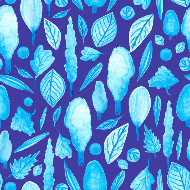 水彩图案天鹅绒般的蓝色森林，柔软的树木和树叶，在深紫色的背景上图片下载