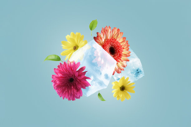 蓝色背景上的花朵和冰块的创造性组合。春天的概念。图片下载