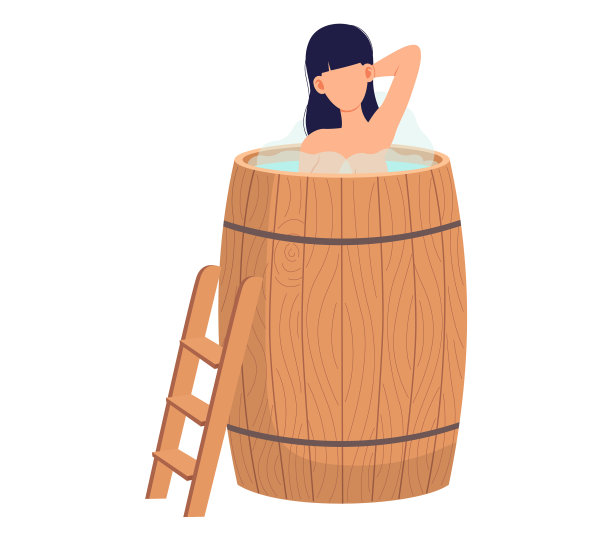 站在木桶里拿着热水回家的女士图片下载