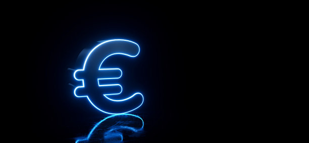 黑色欧元欧元标志与未来发光的蓝色霓虹灯- 3D插图图片下载