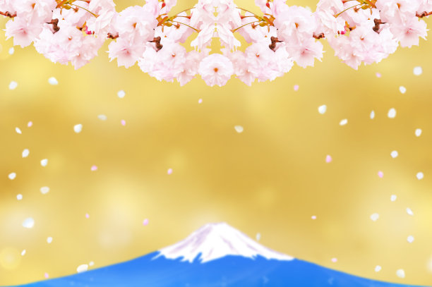 图片的春天，淋浴的樱花花瓣和模糊的富士山背景插图图片下载