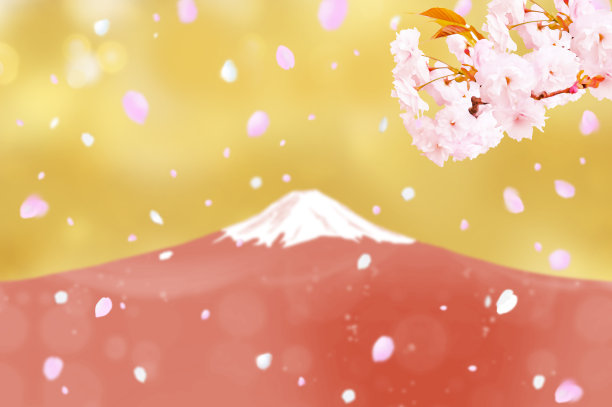 春日樱花雨与红色富士山图片下载