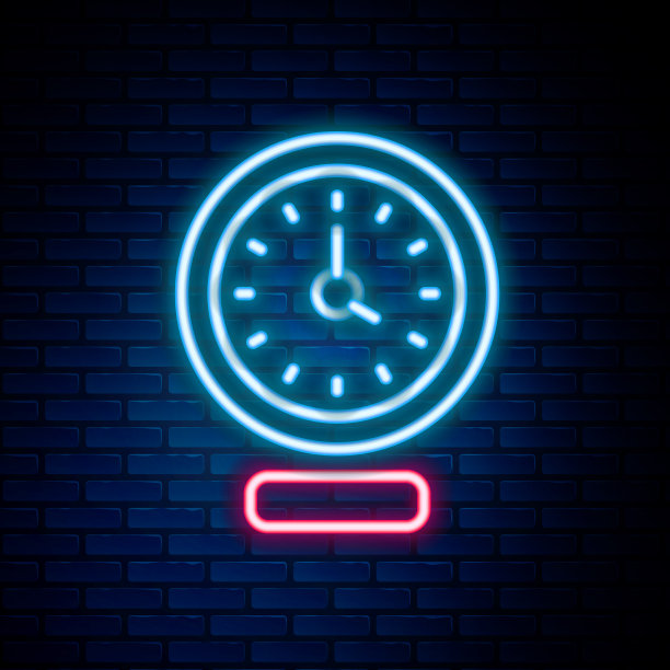发光霓虹灯行时钟图标孤立在砖上图片下载