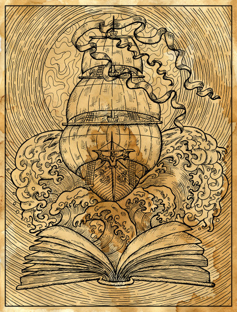 旧纸纹理插图与旧帆船，波浪和满月的符号打开的书。航海复古图纸，海洋概念，彩色书页，t恤和纹身图形图片下载