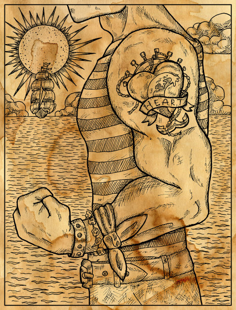 旧纸纹理插图勇敢的水手与纹身与船的大海背景。航海复古图纸，海洋概念，彩色书页，t恤和纹身图形图片下载