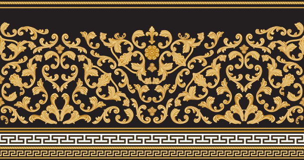 黑色背景上的金色无缝边框矢量素材：希腊回纹与巴洛克风格花卉图片下载