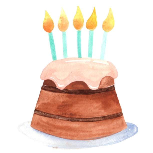生日快乐蛋糕和蜡烛水彩隔离为装饰生日聚会。图片下载