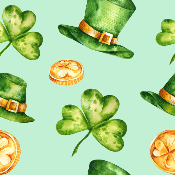 一套为圣帕特里克节准备的套装，里面有象征好运的三叶草，一顶绿色的矮子帽，金币，一杯啤酒，都是用水彩画的。无缝模式。孤立的白色的使用图片下载
