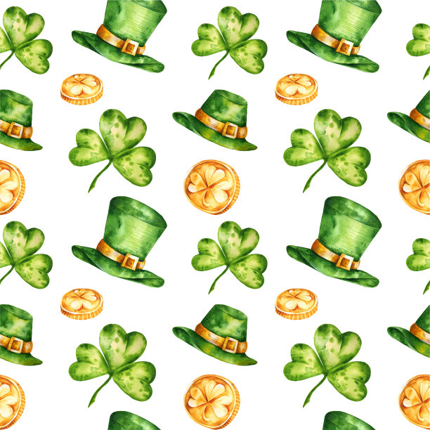 一套为圣帕特里克节准备的套装，里面有象征好运的三叶草，一顶绿色的矮子帽，金币，一杯啤酒，都是用水彩画的。无缝模式。孤立的白色的使用图片下载