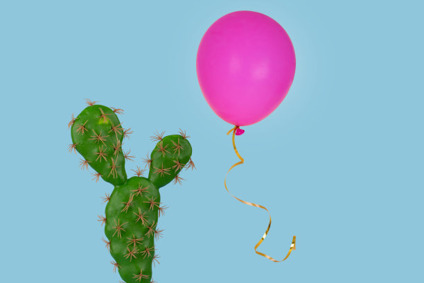 仙人掌，上面漂浮着一个粉红色的气球，背景是明亮的蓝色。创造性的最小概念。图片下载