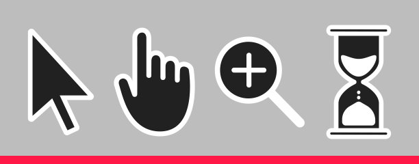 指针手，箭头和沙漏加载时钟鼠标游标图标符号图形元素平面风格设计矢量插图集。图片下载