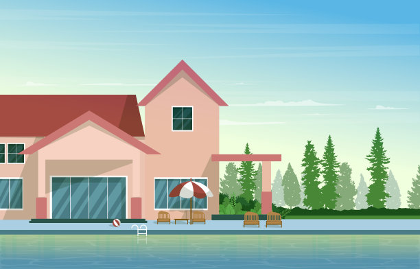 户外游泳池豪宅休闲休闲平面设计插图图片下载