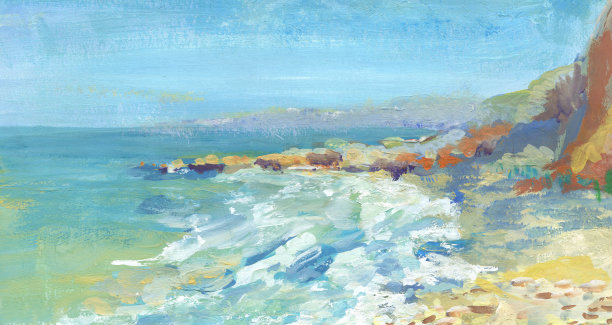 田园诗般的海景。在阳光明媚的日子里，大海和山脉。海浪拍打着海岸。插图。图片下载