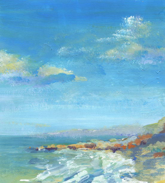 田园诗般的海景。在阳光明媚的日子里，大海和山脉。海浪拍打着海岸。插图。图片下载