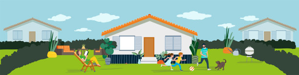 快乐的家庭放松和玩在家里的花园与猫和狗图片下载