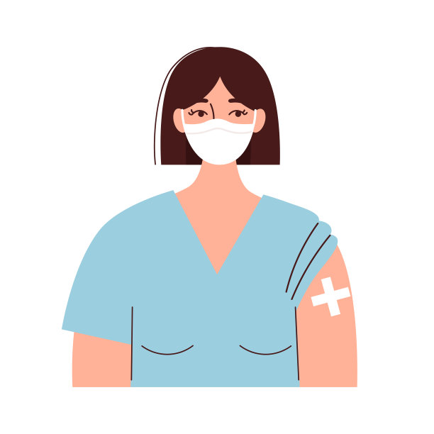 接种疫苗的人。年轻女子戴着医用口罩手上贴着创可贴。保护人们免受冠状病毒和其他病毒、流行病的侵害。平面矢量插图孤立在白色背景上图片下载