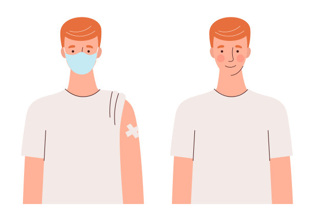 接种疫苗的人。一个戴着医用口罩手上贴着创可贴的年轻人。保护人们免受冠状病毒和其他病毒、流行病的侵害。平面矢量插图孤立在白色背景上图片下载