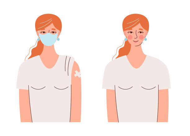 接种疫苗的人。年轻女子戴着医用口罩手上贴着创可贴。保护人们免受冠状病毒和其他病毒、流行病的侵害。平面矢量插图孤立在白色背景上图片下载